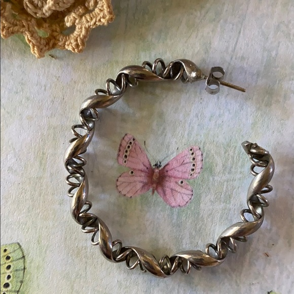 Earrings; Silver; Round twisted metal Hoop; - Picture 3 of 5